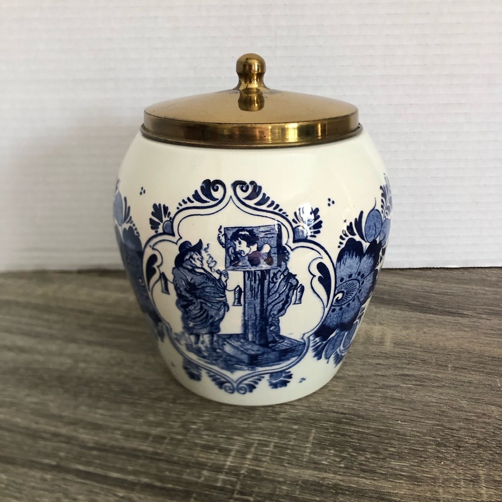 Classic Blue and White Ceramic Jar with Gold Lid